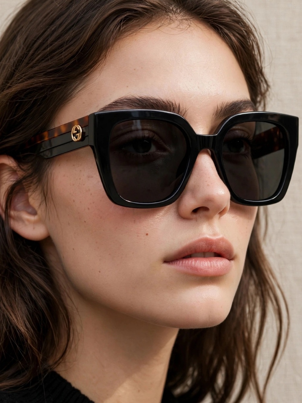 Gucci Black Square Sunglasses with Tortoiseshell Temples